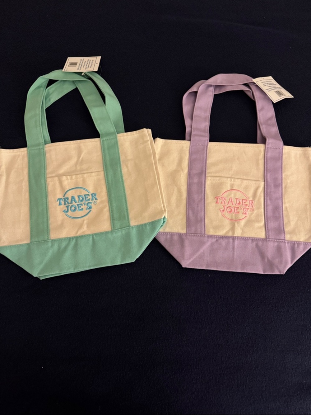 Trader Joe's Canvas Tote - Mint Green and Lavender Trim. Set of 2. NEW